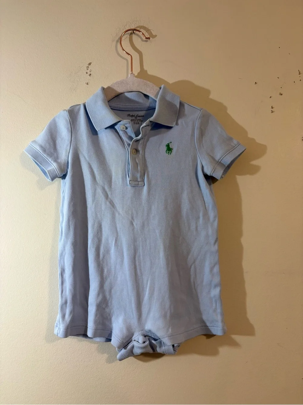 Ralph Lauren shortall boys 9 month Light Blue Polo One piece Green Pony romper